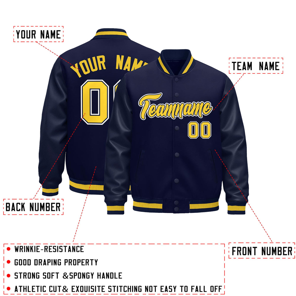Custom Navy Gold Classic Style Leather Sleeves Wrinkle-Resistant Jacket| KXKSHOP