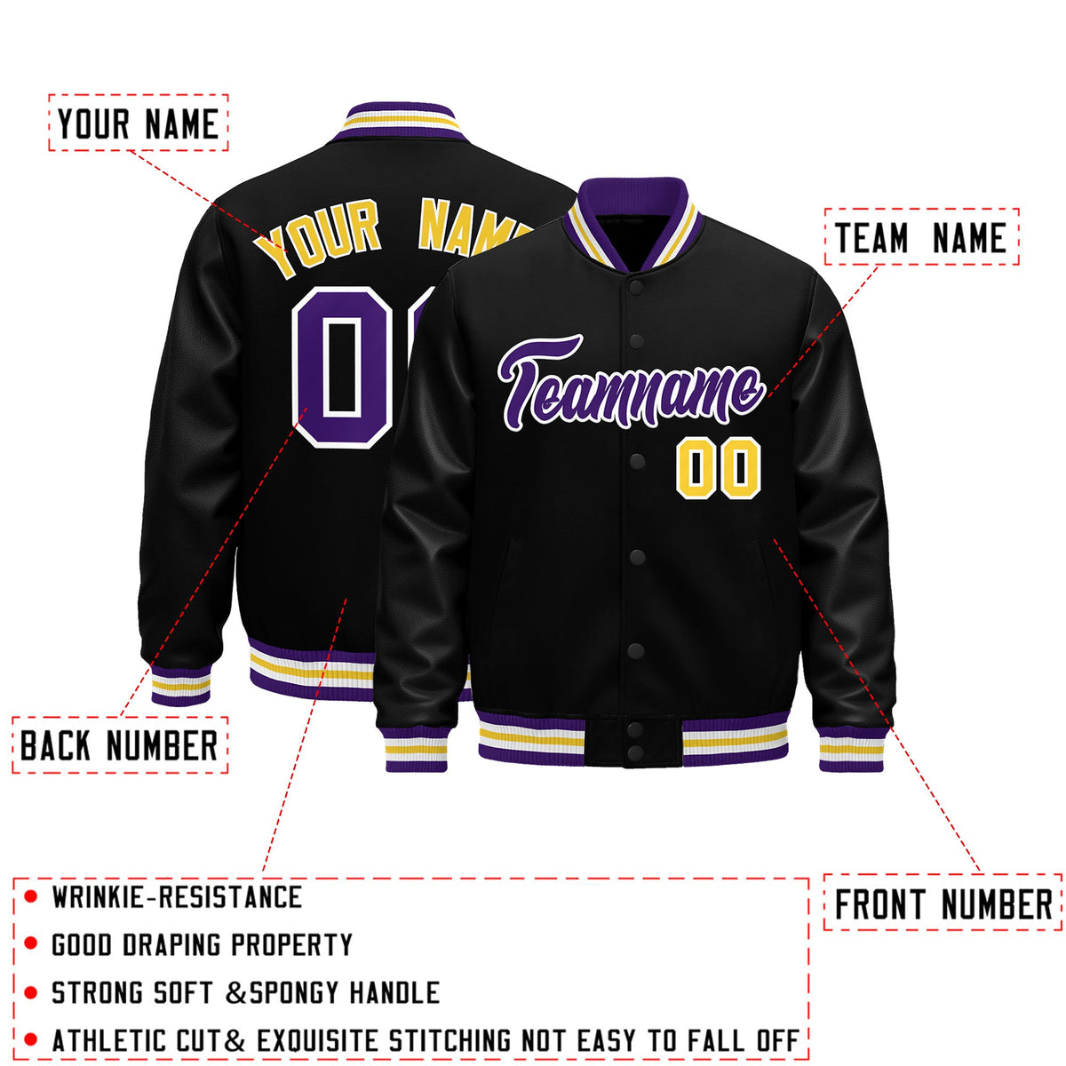 Custom Black Purple White Classic Style Leather Sleeves Wrinkle-Resistant Jacket| KXKSHOP