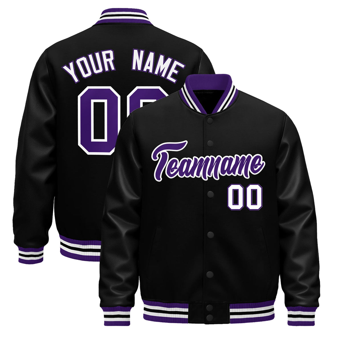 Custom Black Purple White Jacket - Classic Style Leather Sleeves Wrinkle-Resistant