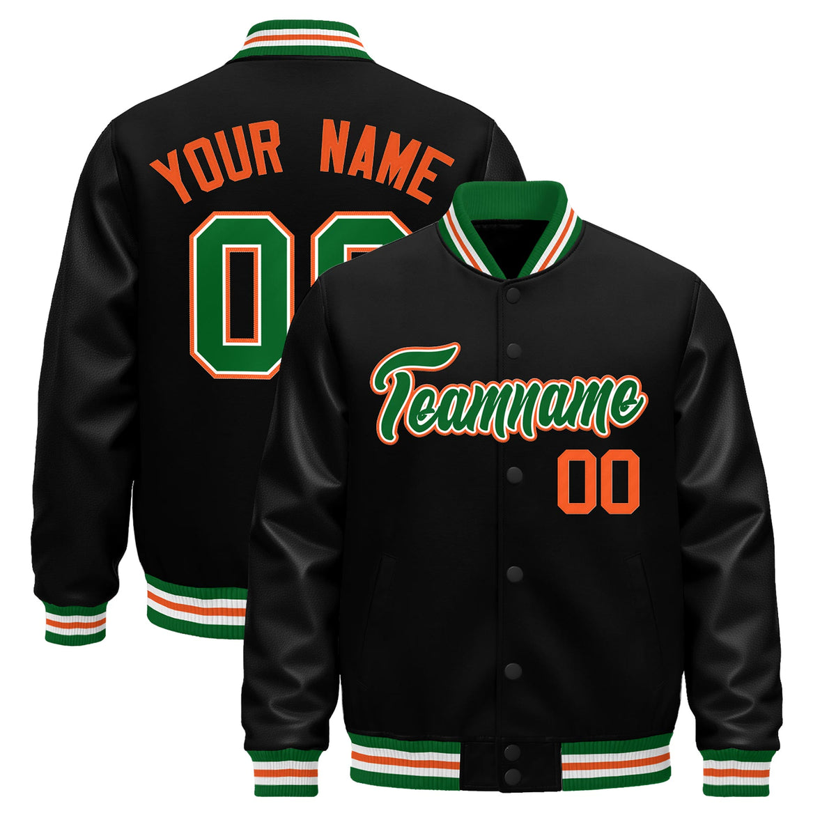 Custom Black Kelly Green White Jacket - Classic Style Leather Sleeves Wrinkle-Resistant