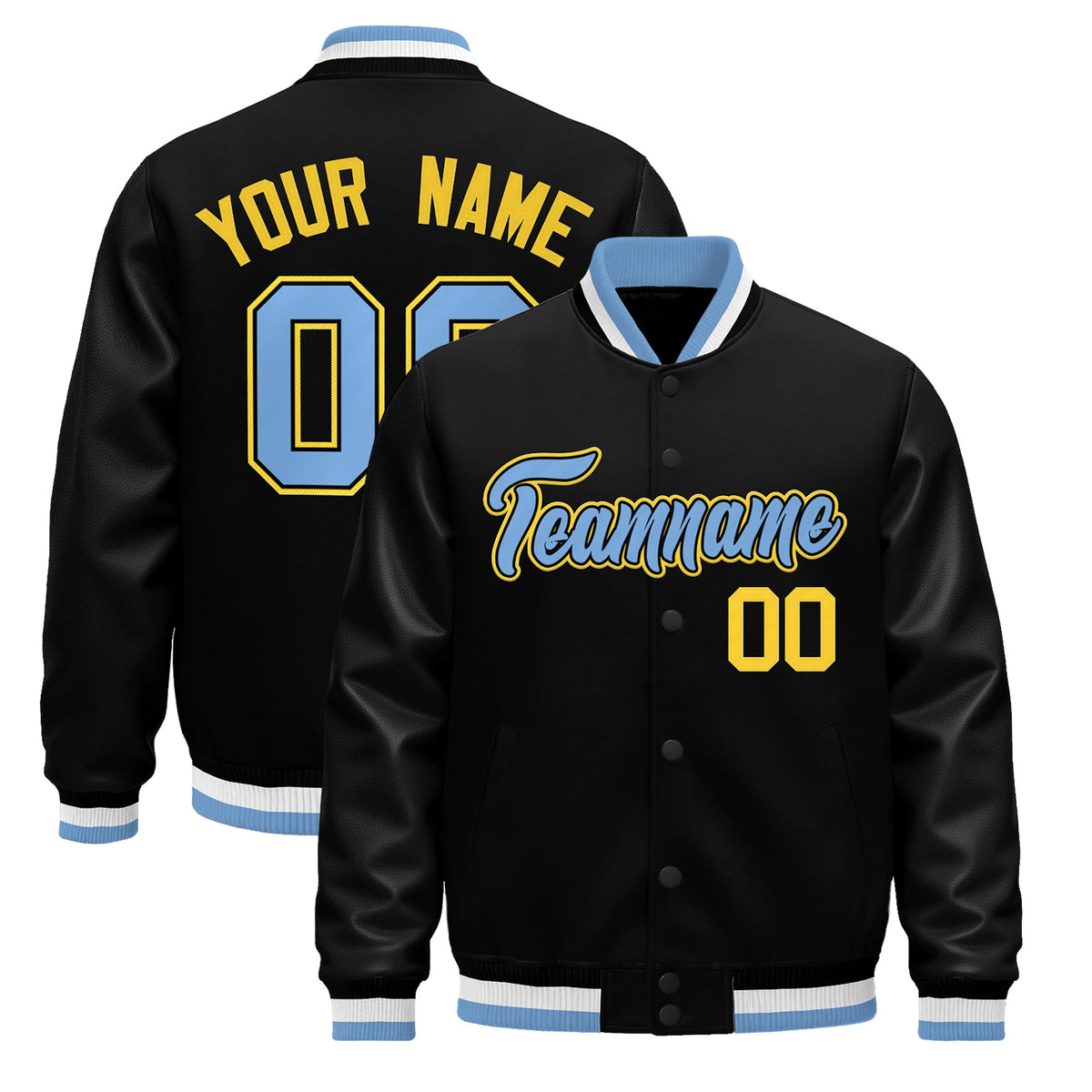 Custom Black Light Blue White Jacket - Classic Style Leather Sleeves Wrinkle-Resistant
