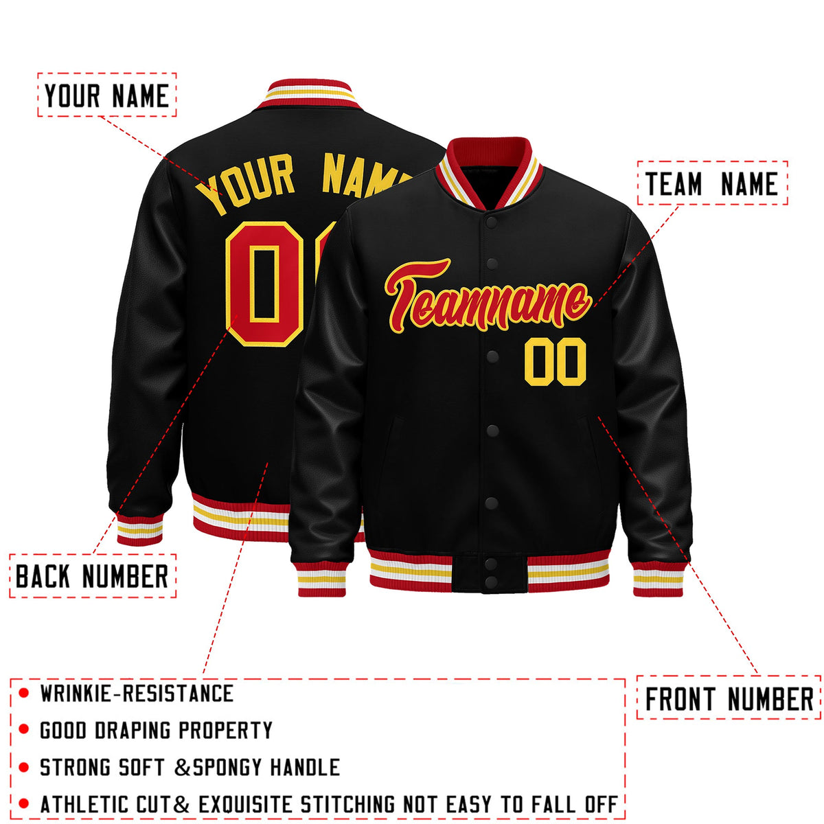 Custom Black Red White Classic Style Leather Sleeves Wrinkle-Resistant Jacket| KXKSHOP