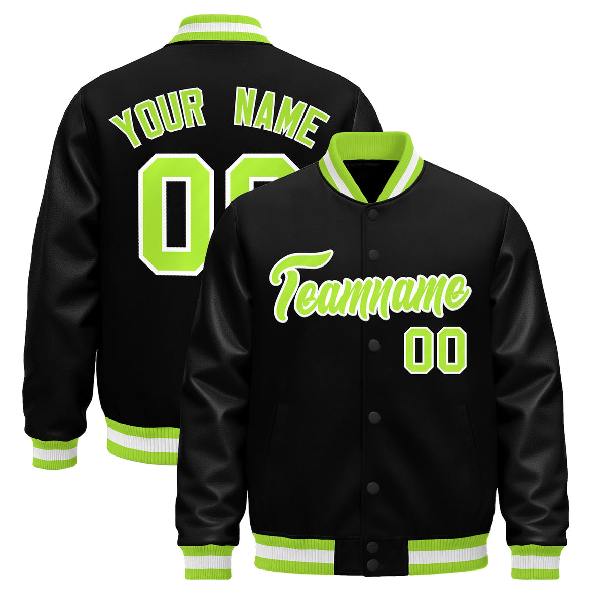 Custom Black Neon Green White Jacket - Classic Style Leather Sleeves Wrinkle-Resistant