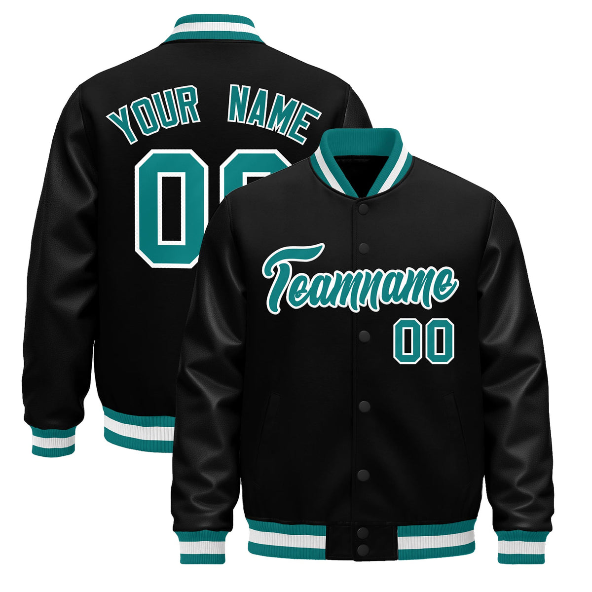Custom Black Aqua White Jacket - Classic Style Leather Sleeves Wrinkle-Resistant