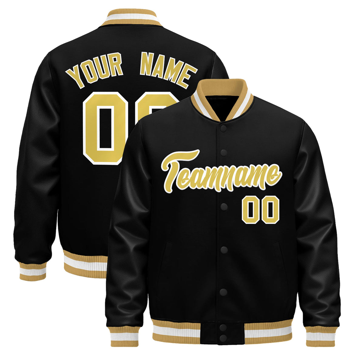 Custom Black Old Gold White Jacket - Classic Style Leather Sleeves Wrinkle-Resistant