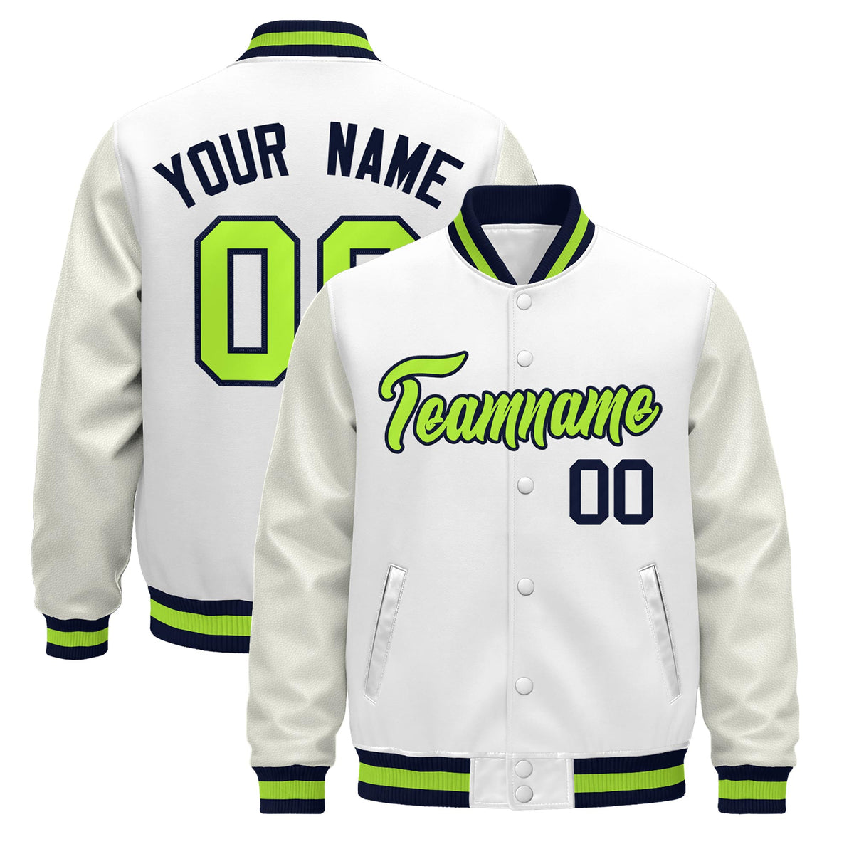 Custom White Navy Neon Green Jacket - Classic Style Leather Sleeves Wrinkle-Resistant
