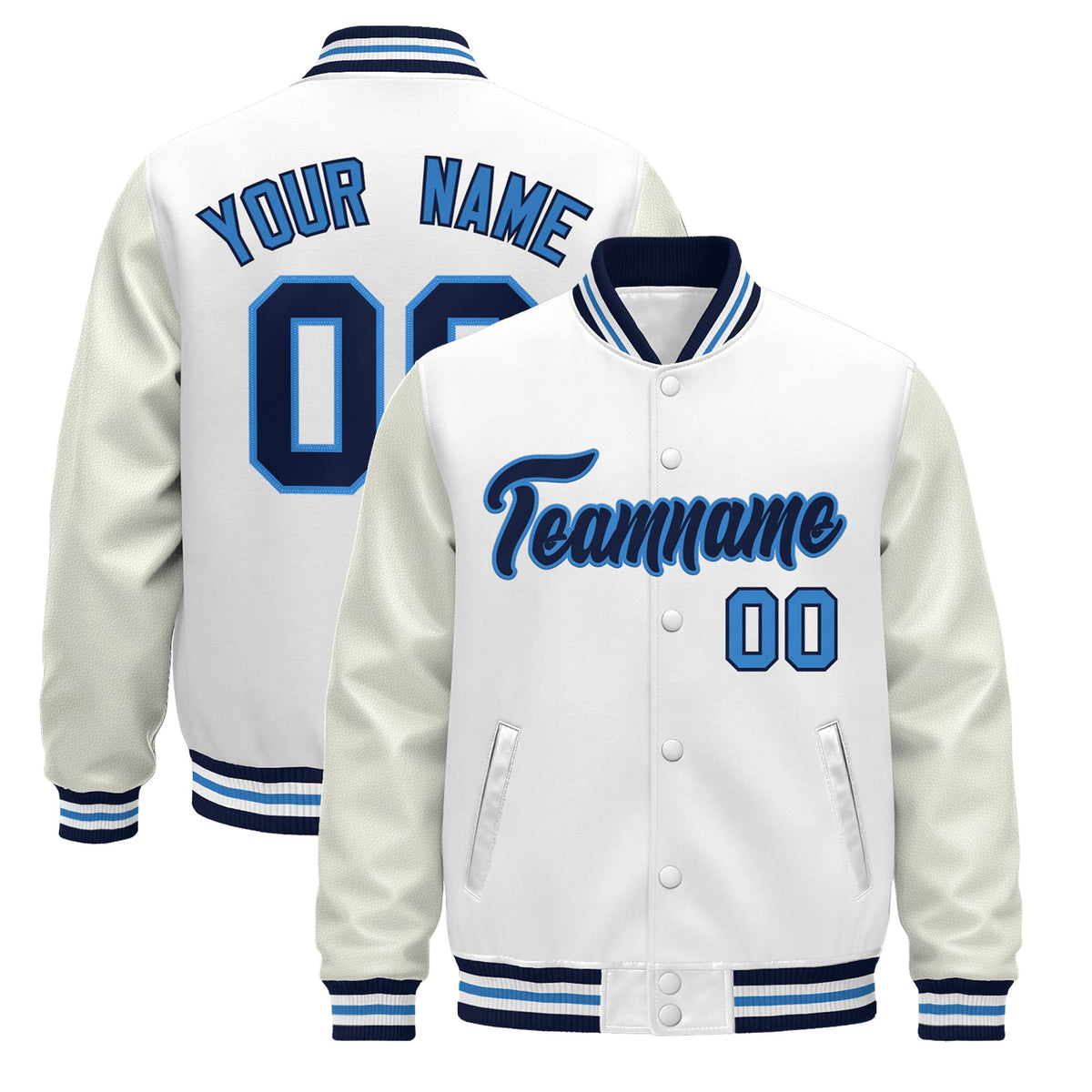 Custom White Navy Powder Blue Jacket - Classic Style Leather Sleeves Wrinkle-Resistant