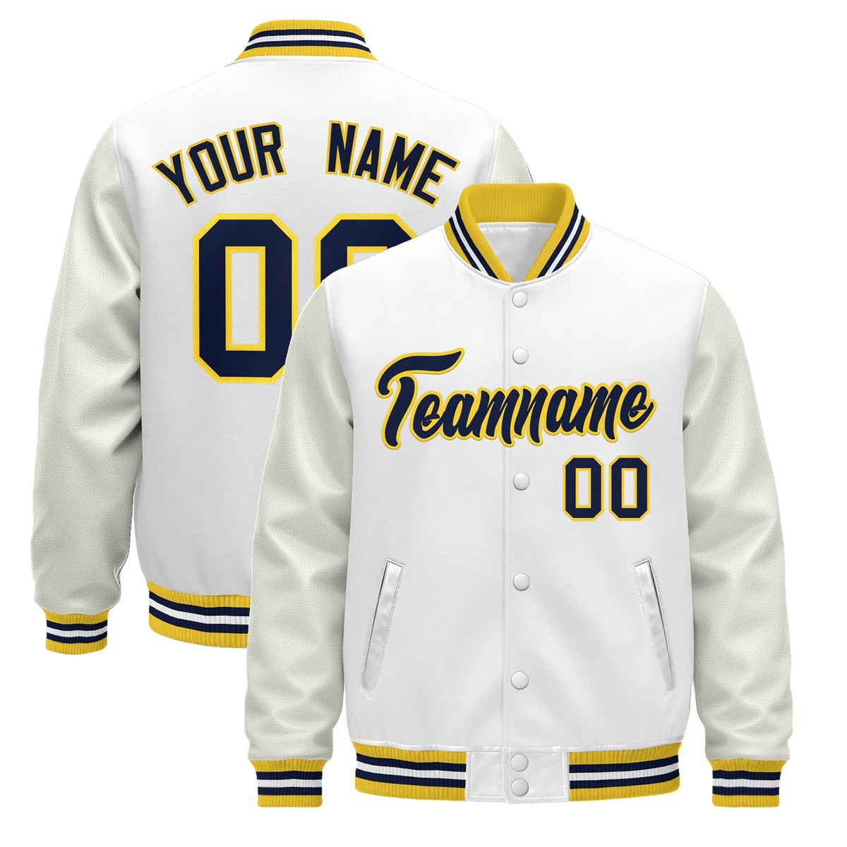 Custom White Gold Navy Jacket - Classic Style Leather Sleeves Wrinkle-Resistant