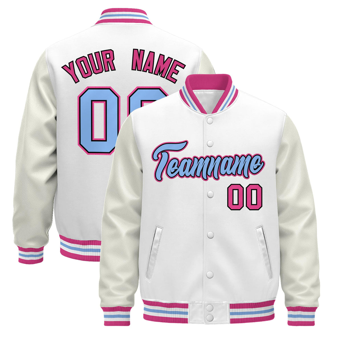 Custom White Pink Light Blue Jacket - Classic Style Leather Sleeves Wrinkle-Resistant
