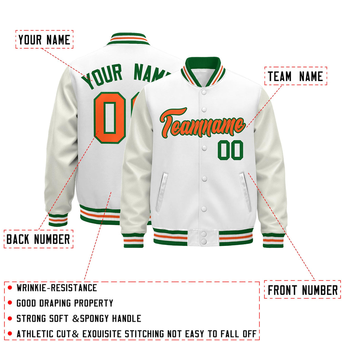 Custom White Kelly Green Orange Classic Style Leather Sleeves Wrinkle-Resistant Jacket| KXKSHOP