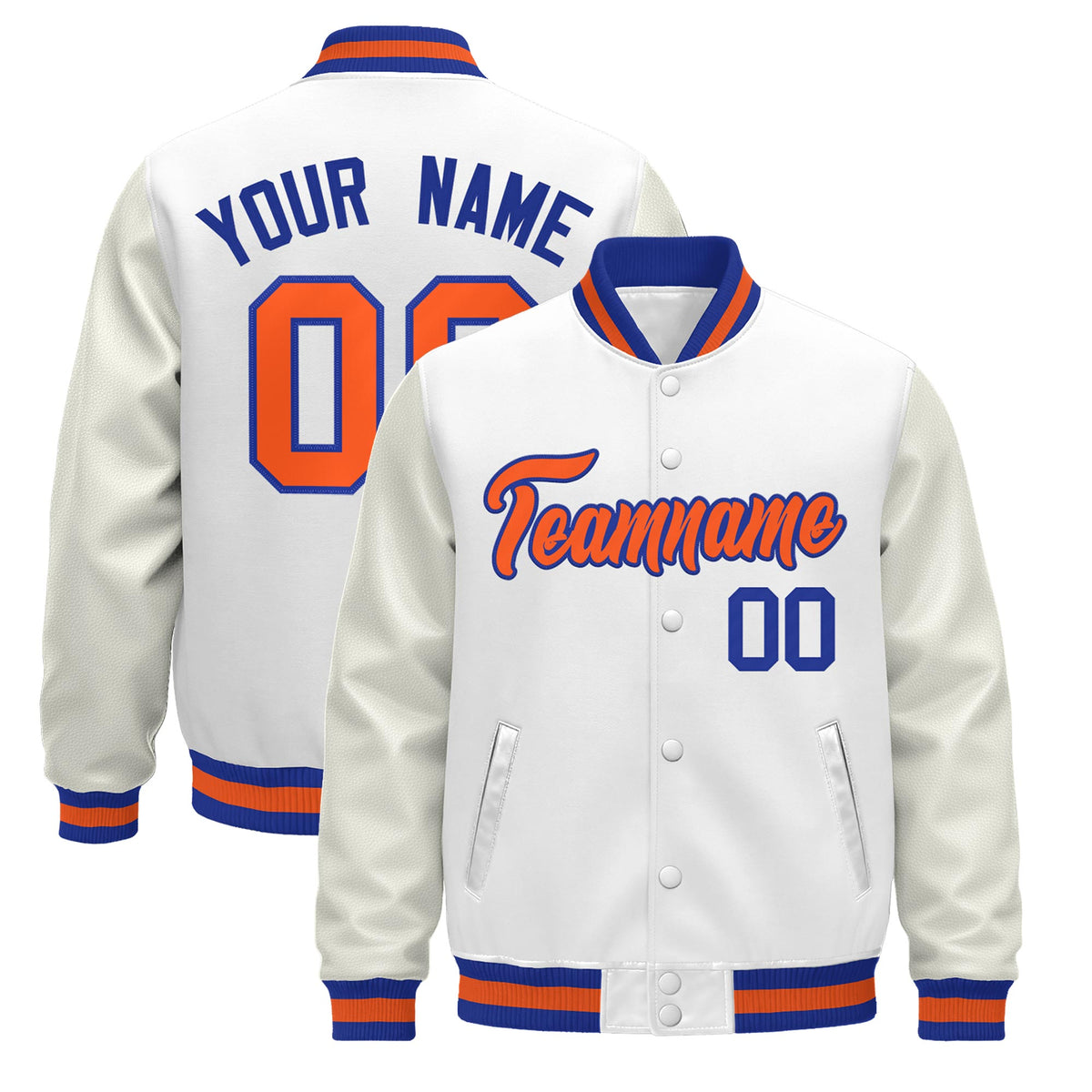 Custom White Royal Blue Orange Jacket - Classic Style Leather Sleeves Wrinkle-Resistant