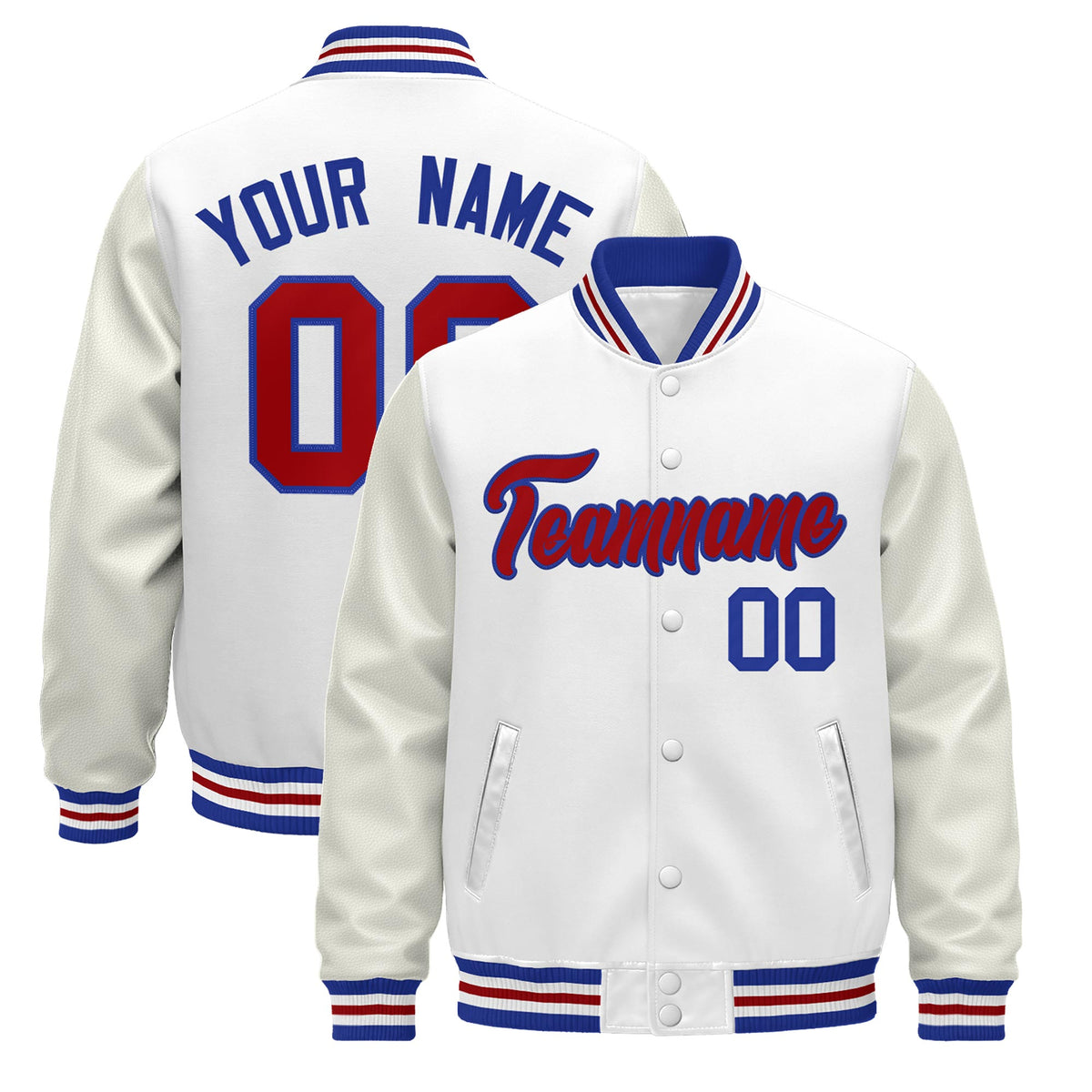 Custom White Royal Blue Red Jacket - Classic Style Leather Sleeves Wrinkle-Resistant