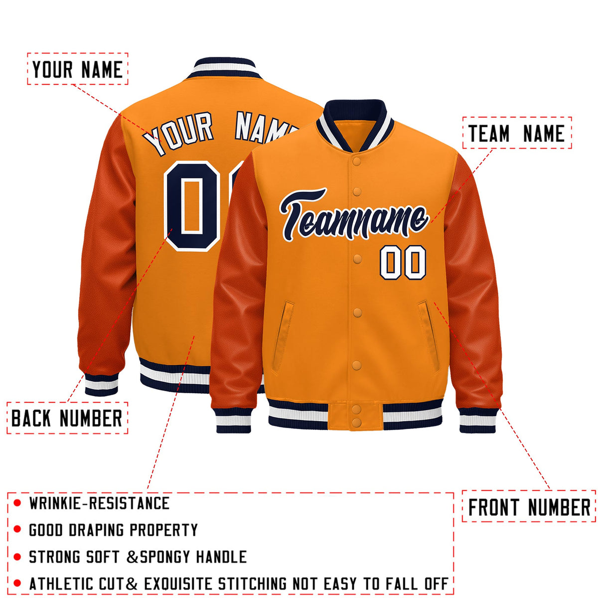Custom Orange Navy White Classic Style Leather Sleeves Wrinkle-Resistant Jacket| KXKSHOP
