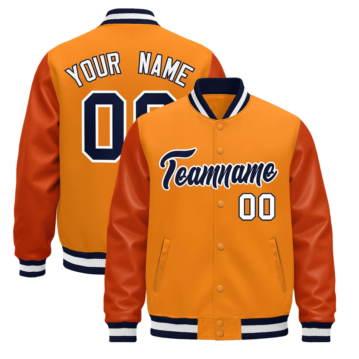 Custom Orange Navy White Jacket - Classic Style Leather Sleeves Wrinkle-Resistant