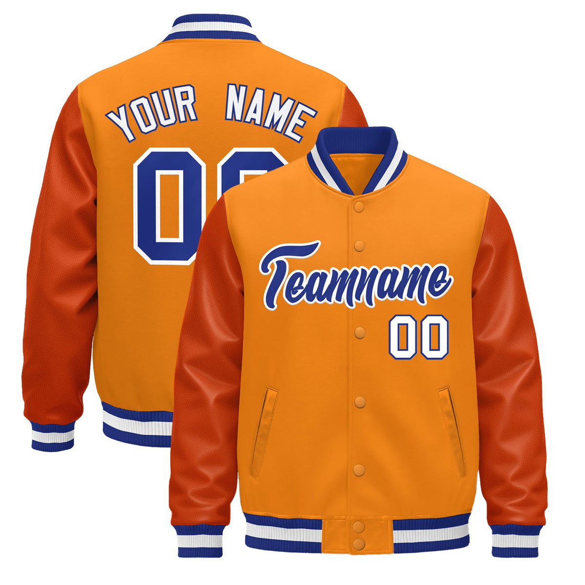 Custom Orange Royal Blue White Jacket - Classic Style Leather Sleeves Wrinkle-Resistant