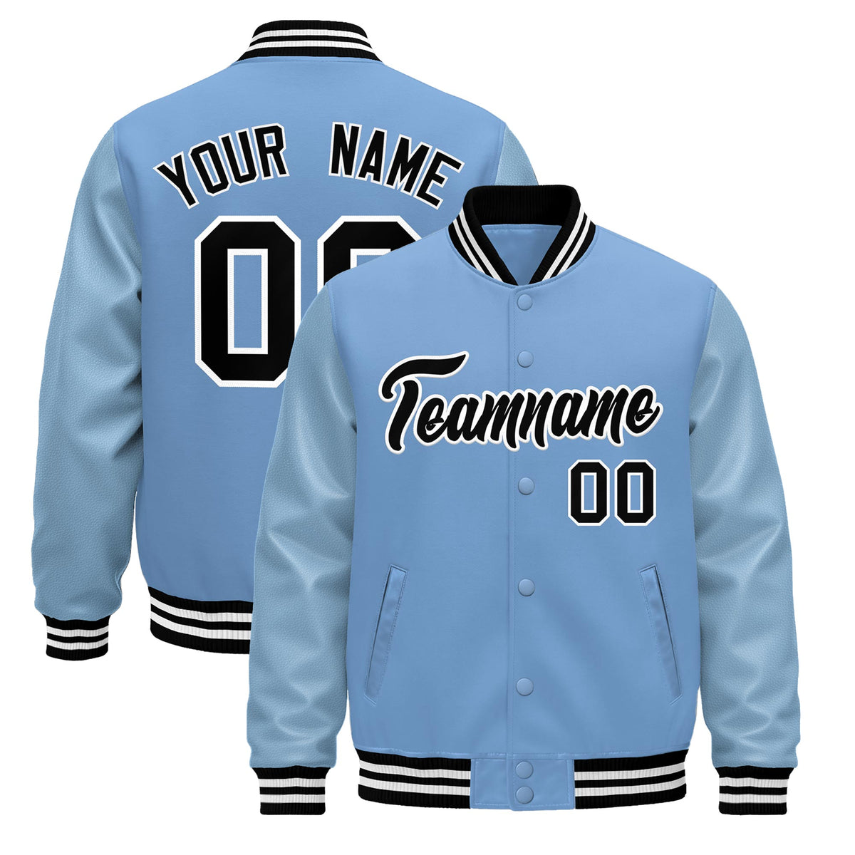 Custom Powder Blue Black White Jacket - Classic Style Leather Sleeves Wrinkle-Resistant