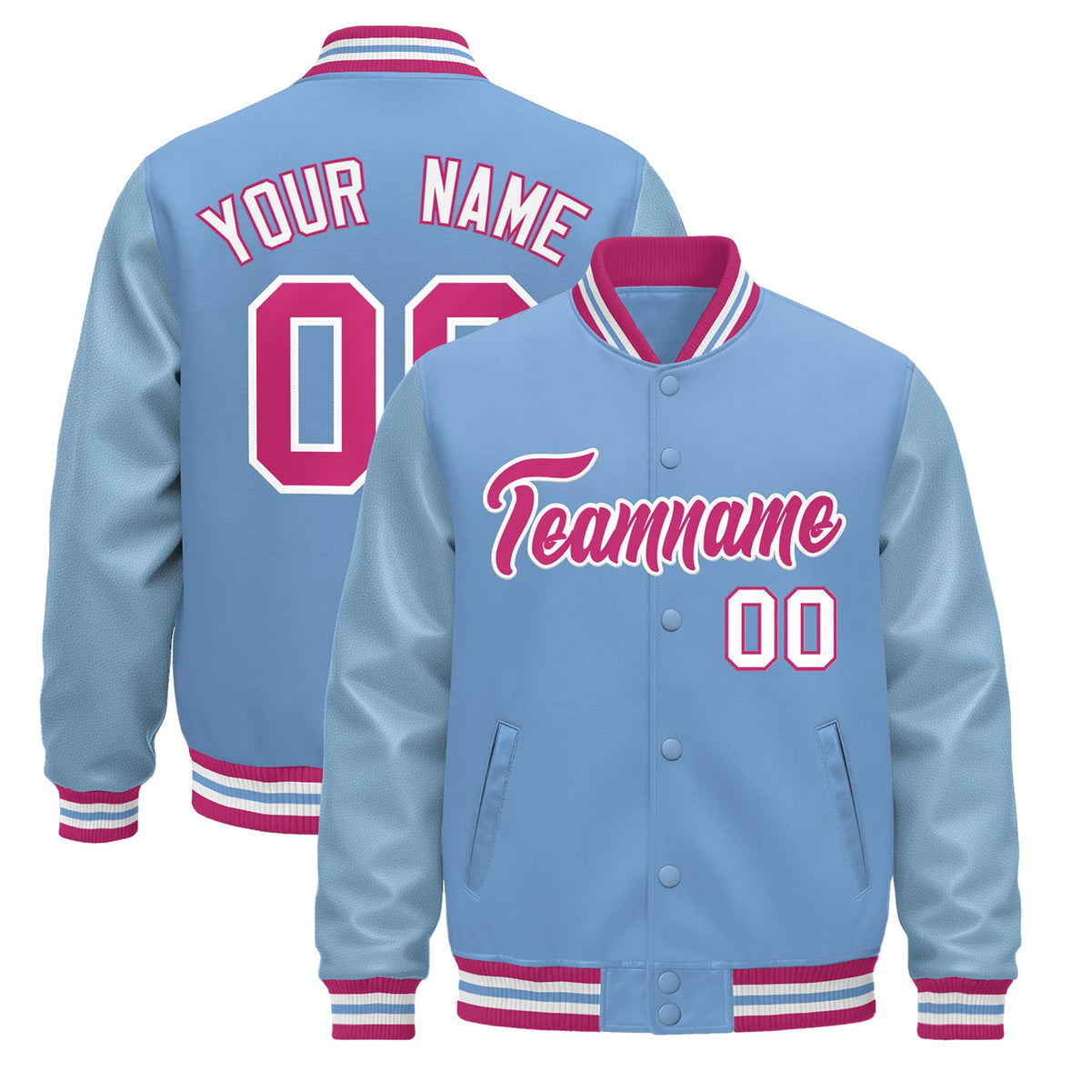 Custom Powder Blue Pink White Jacket - Classic Style Leather Sleeves Wrinkle-Resistant