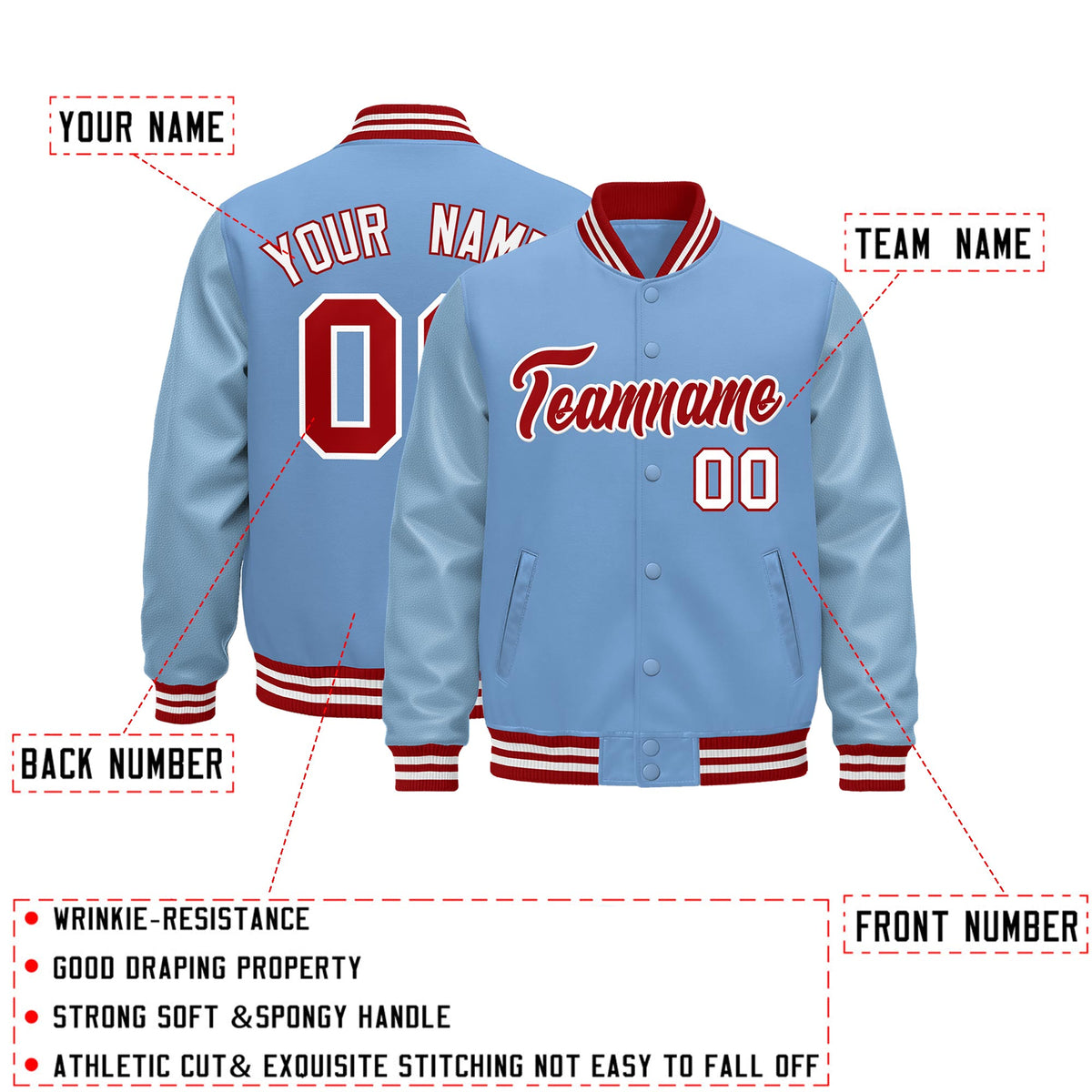 Custom Powder Blue Red White Classic Style Leather Sleeves Wrinkle-Resistant Jacket| KXKSHOP