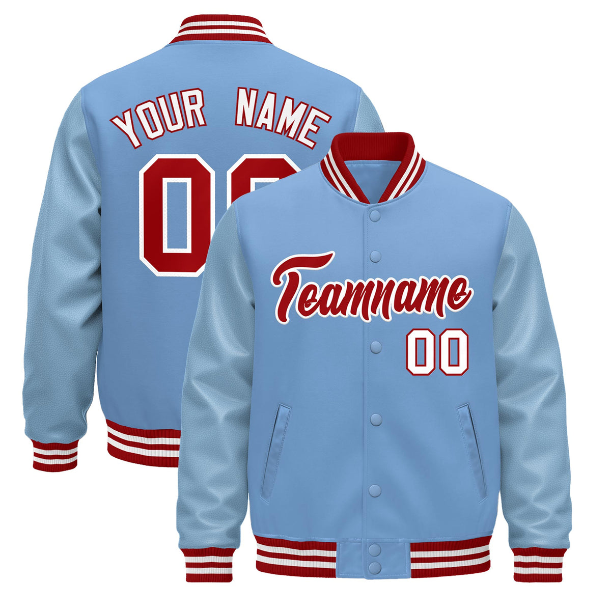 Custom Powder Blue Red White Jacket - Classic Style Leather Sleeves Wrinkle-Resistant