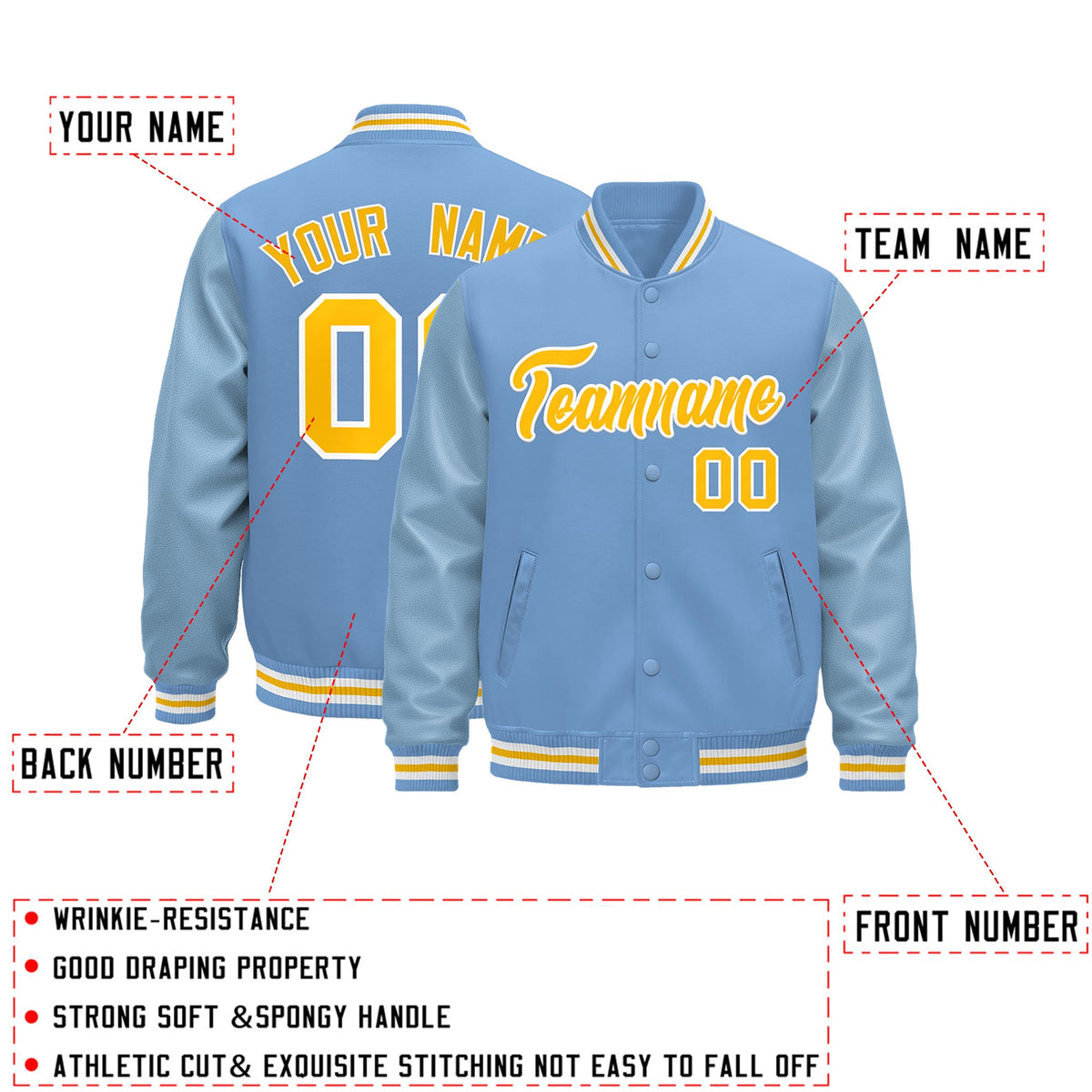 Custom Powder Blue Yellow White Classic Style Leather Sleeves Wrinkle-Resistant Jacket| KXKSHOP