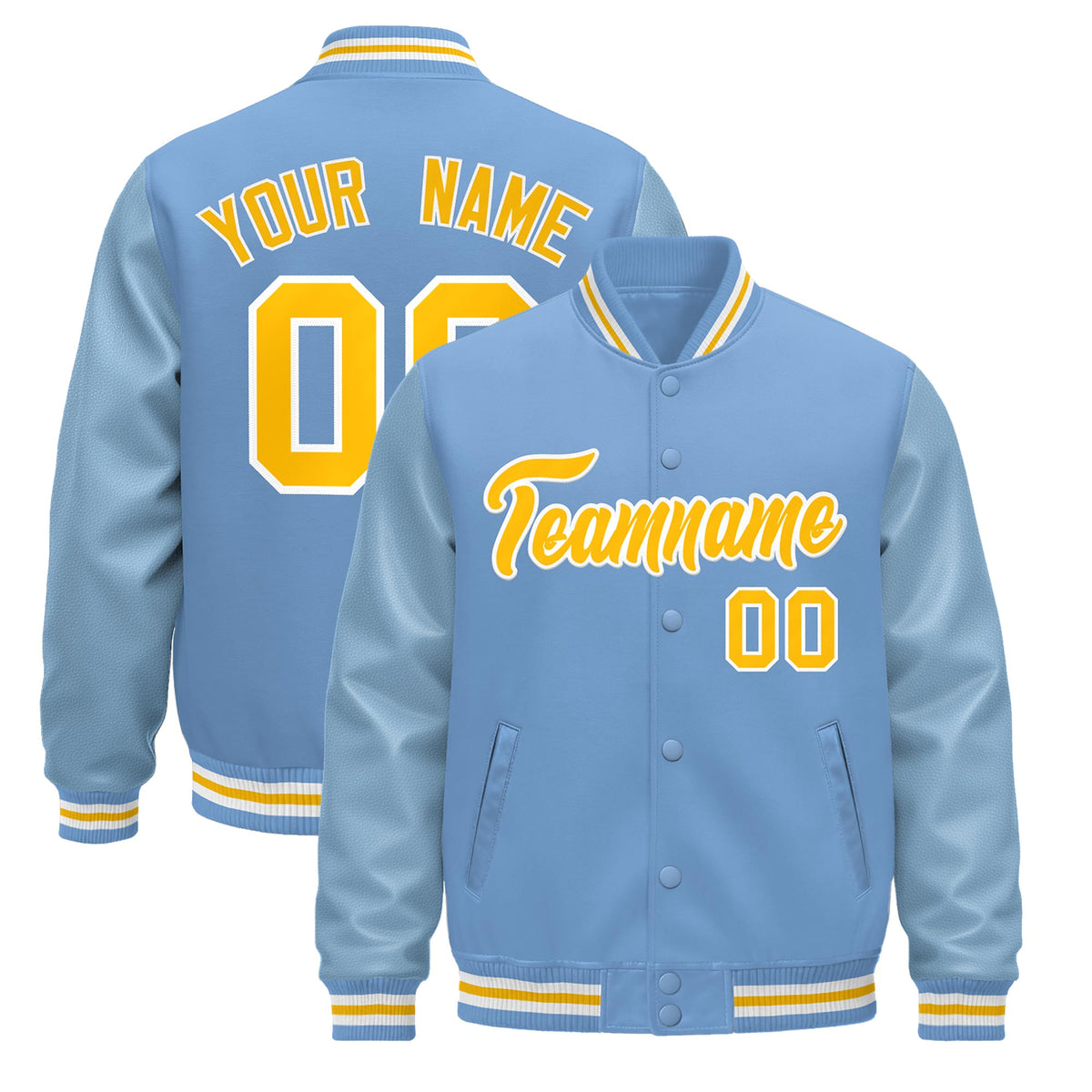 Custom Powder Blue Yellow White Jacket - Classic Style Leather Sleeves Wrinkle-Resistant
