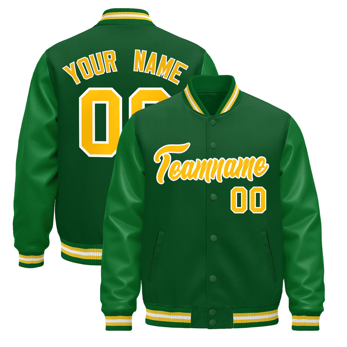 Custom Kelly Green Gold White Jacket - Classic Style Leather Sleeves Wrinkle-Resistant