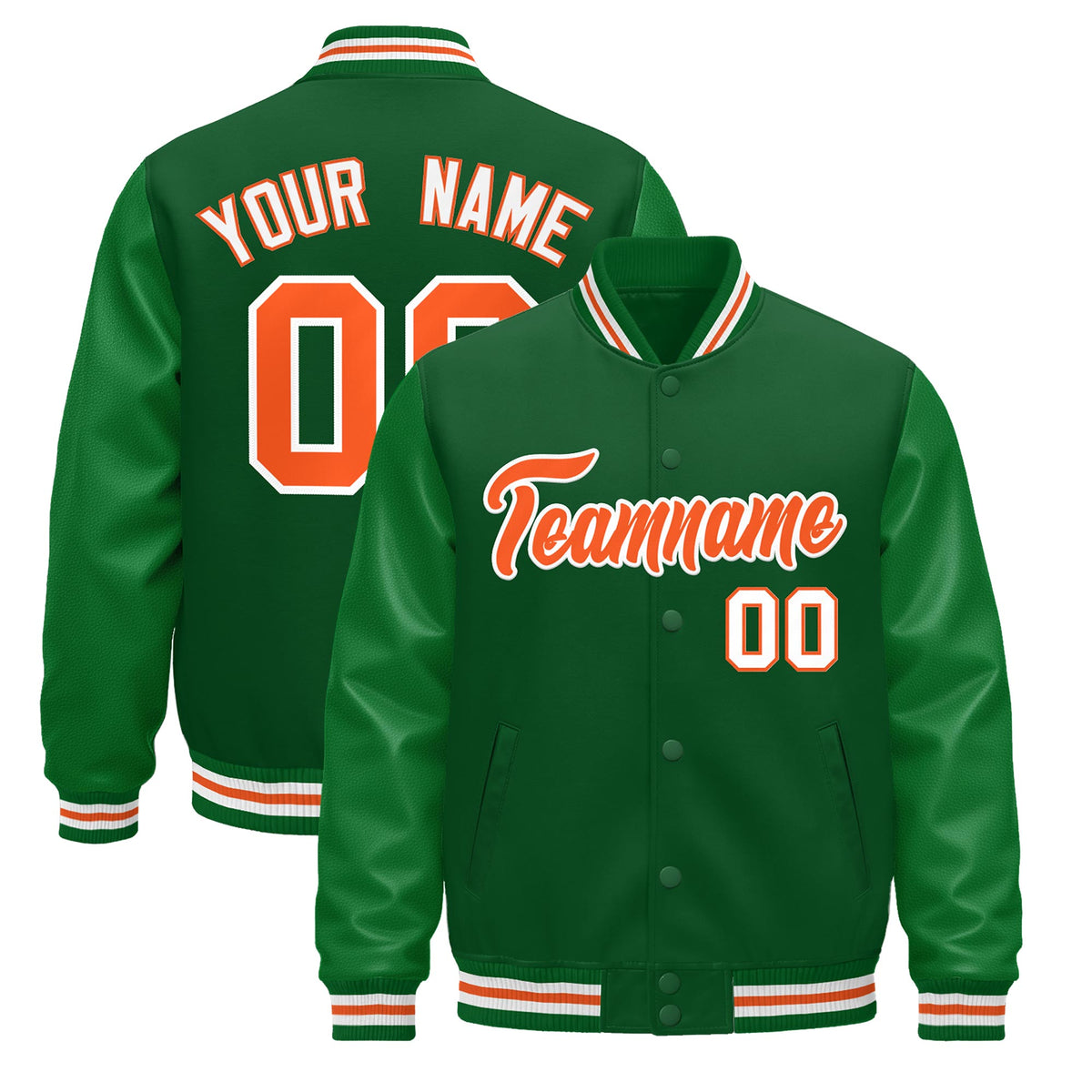 Custom Kelly Green White Orange Jacket - Classic Style Leather Sleeves Wrinkle-Resistant