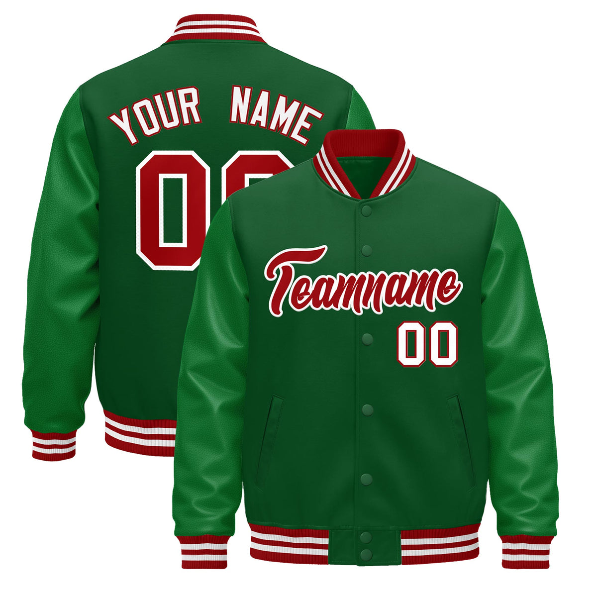 Custom Kelly Green Red White Jacket - Classic Style Leather Sleeves Wrinkle-Resistant