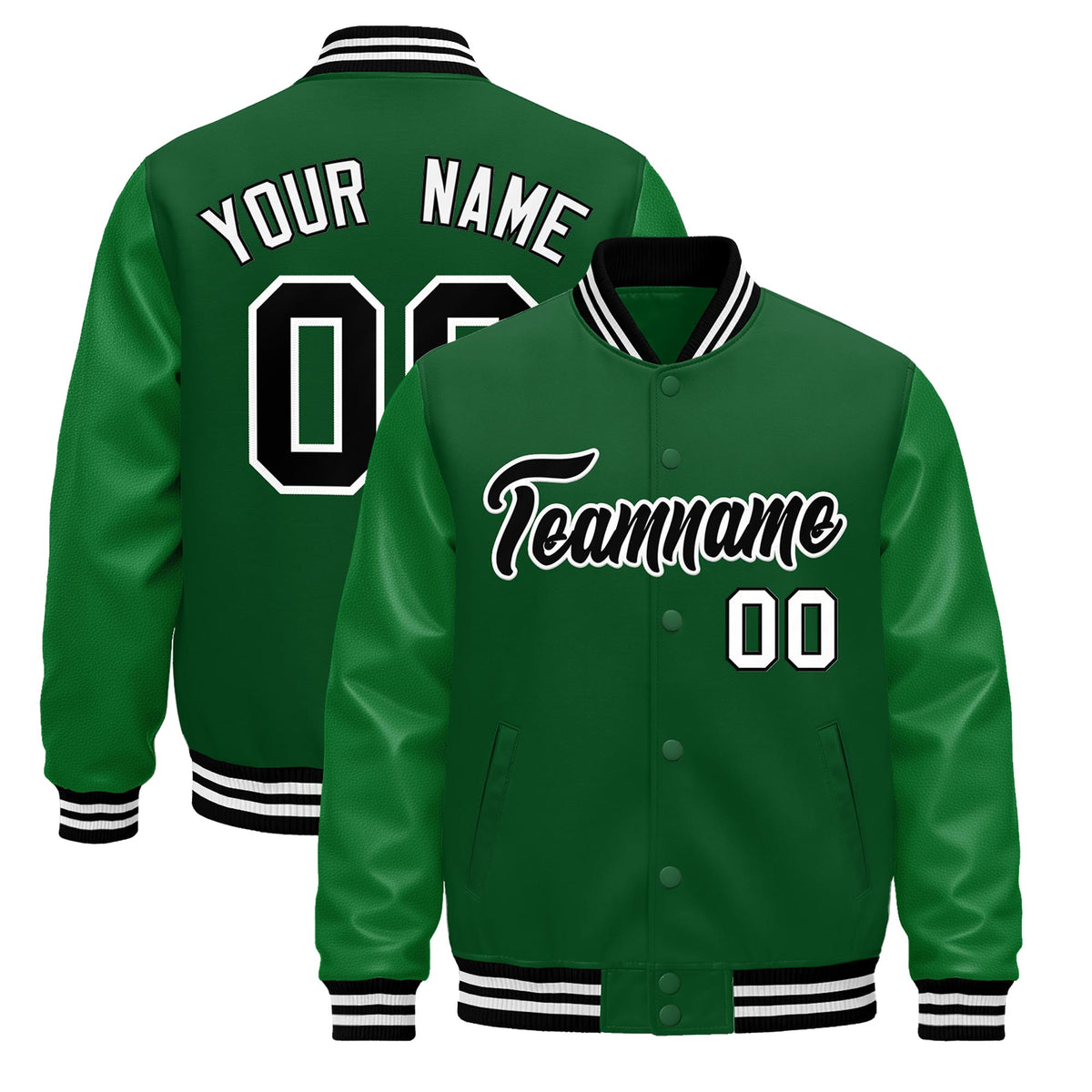 Custom Kelly Green Black White Jacket - Classic Style Leather Sleeves Wrinkle-Resistant