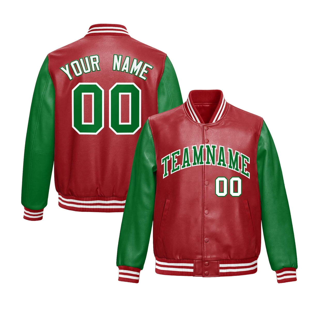 Custom Red Kelly Green Raglan Sleeves Full-Snap Varsity Faux Leather Letterman Jacket| KXKSHOP