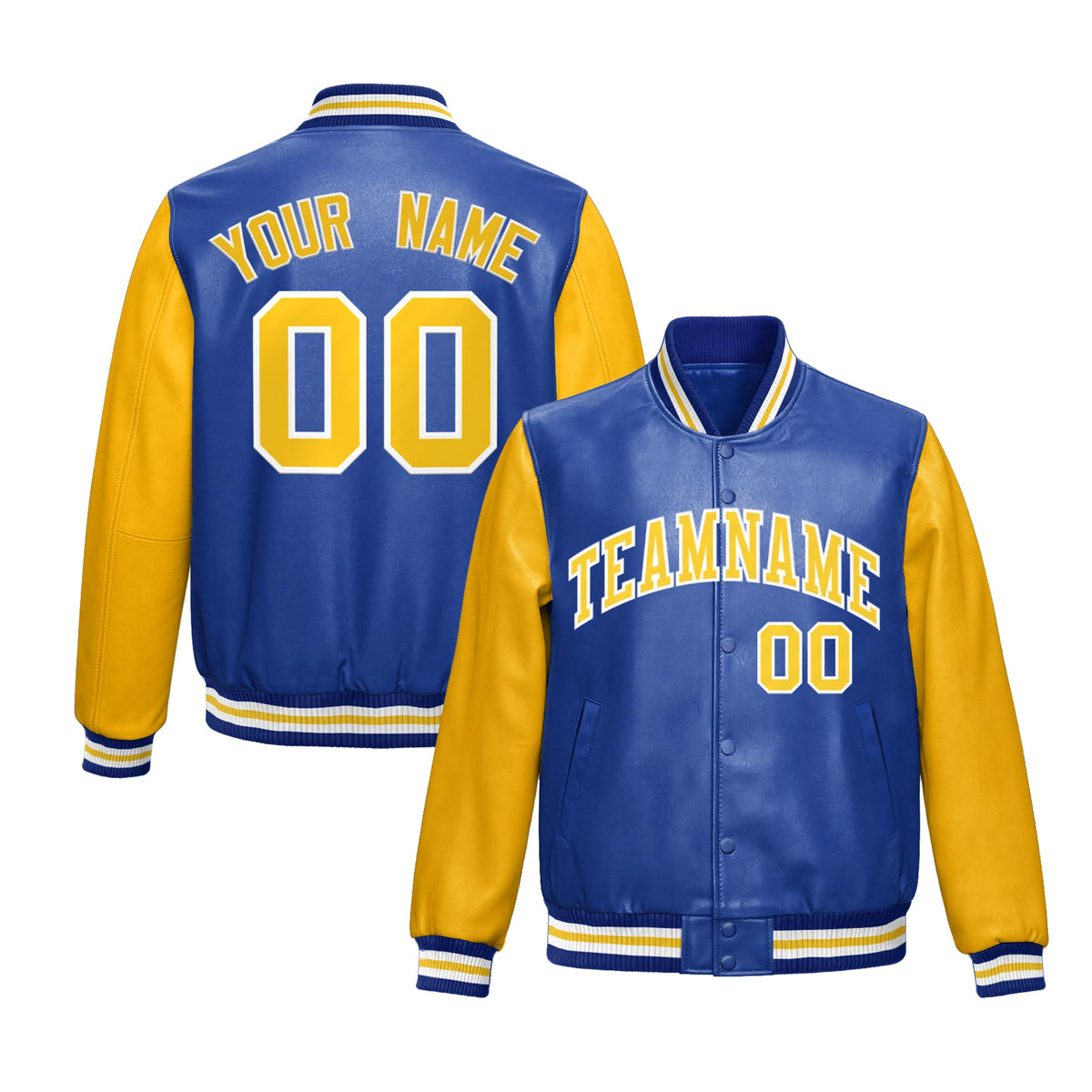 Custom Royal Blue Yellow Raglan Sleeves Full-Snap Varsity Faux Leather Letterman Jacket| KXKSHOP