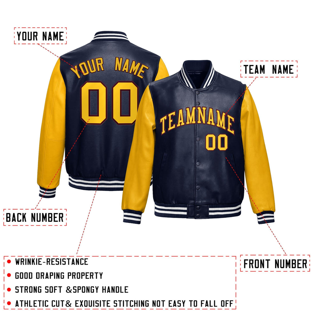 Custom Navy Yellow Raglan Sleeves Full-Snap Varsity Faux Leather Letterman Jacket| KXKSHOP
