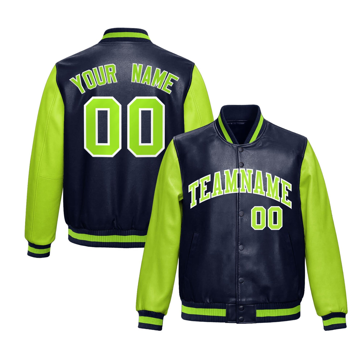 Custom Navy Neon Green Raglan Sleeves Full-Snap Varsity Faux Leather Letterman Jacket| KXKSHOP