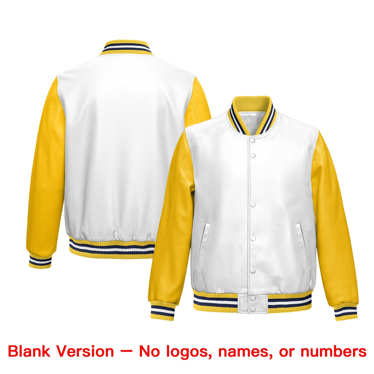 Custom White Yellow Navy Raglan Sleeves Full-Snap Varsity Faux Leather Letterman Jacket| KXKSHOP