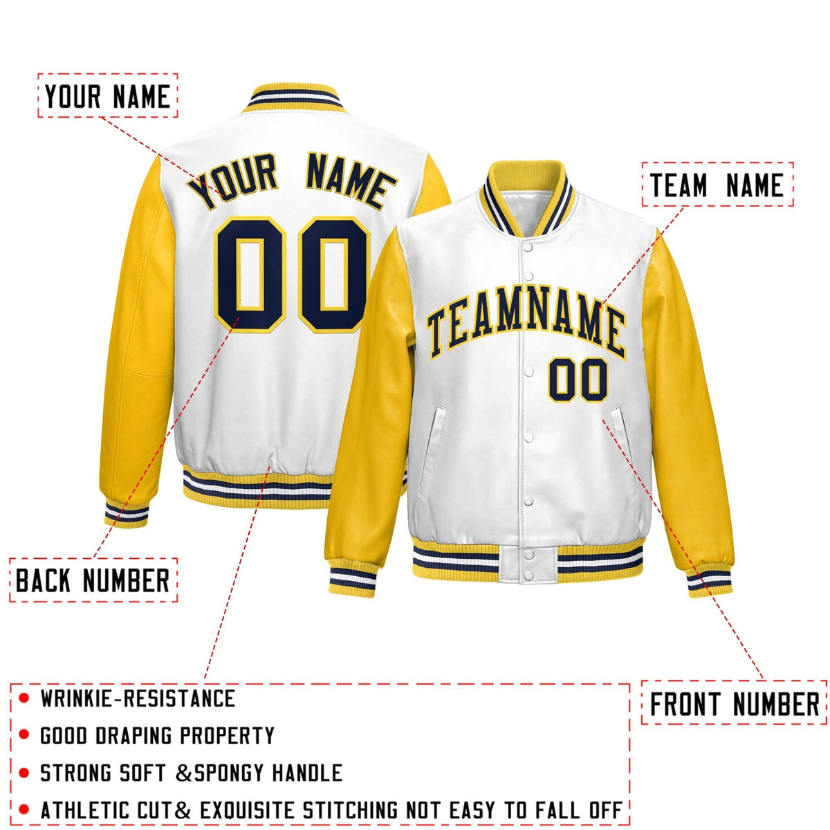 Custom White Yellow Navy Raglan Sleeves Full-Snap Varsity Faux Leather Letterman Jacket| KXKSHOP