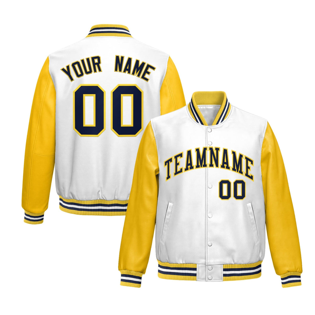 Custom White Yellow Navy Raglan Sleeves Full-Snap Varsity Faux Leather Letterman Jacket| KXKSHOP