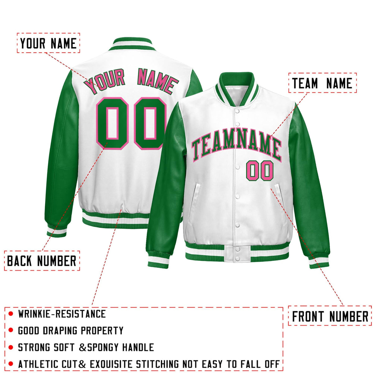 Custom Kelly Green White Raglan Sleeves Full-Snap Varsity Faux Leather Letterman Jacket| KXKSHOP