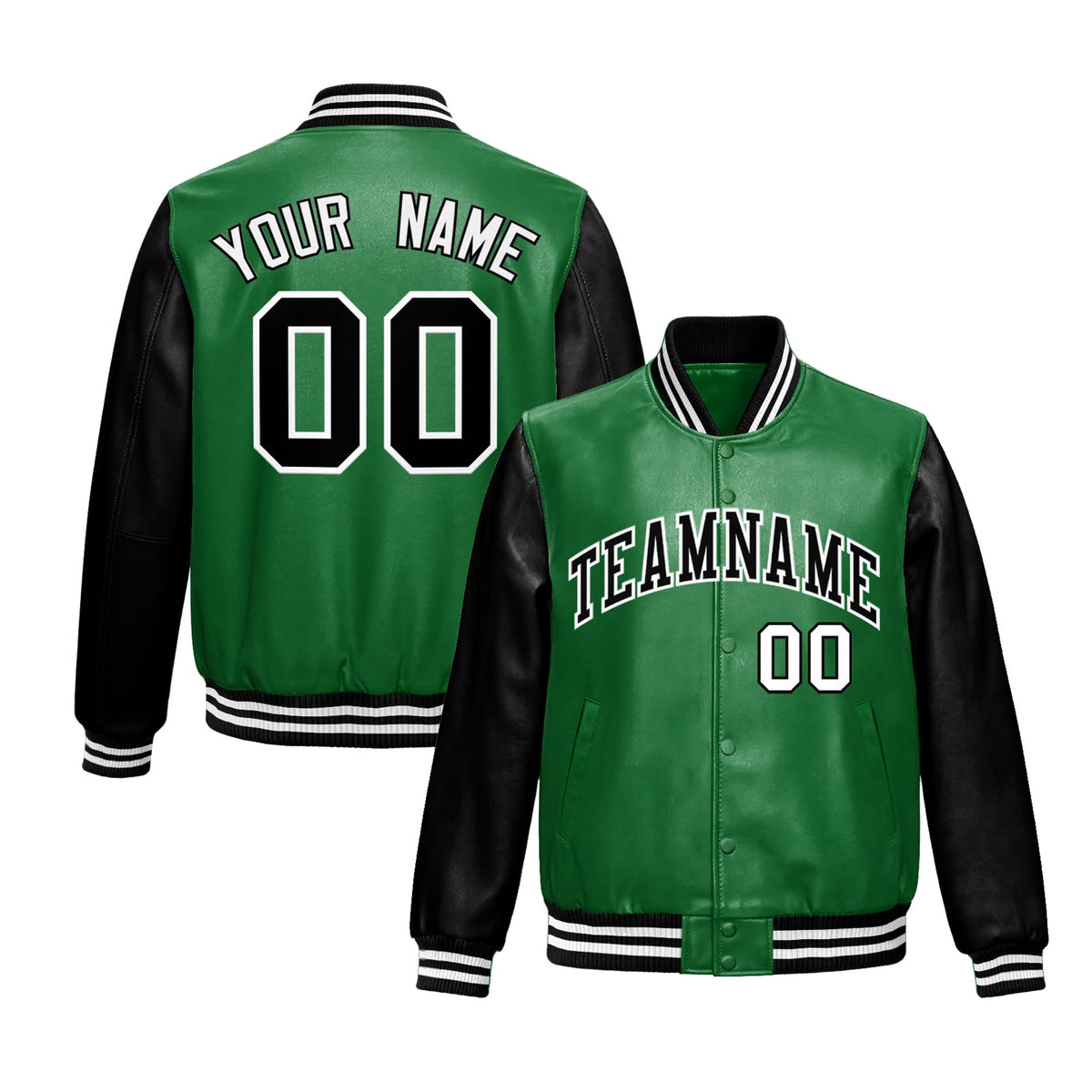 Custom Kelly Green Black Raglan Sleeves Full-Snap Varsity Faux Leather Letterman Jacket| KXKSHOP