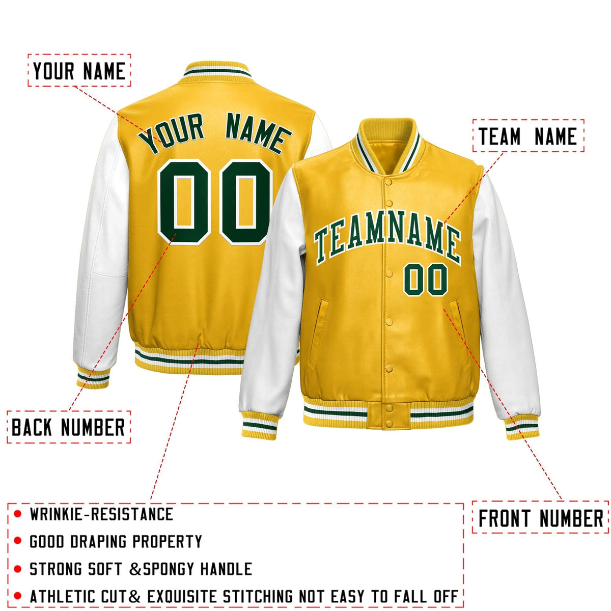 Custom Yellow White Raglan Sleeves Full-Snap Varsity Faux Leather Letterman Jacket| KXKSHOP