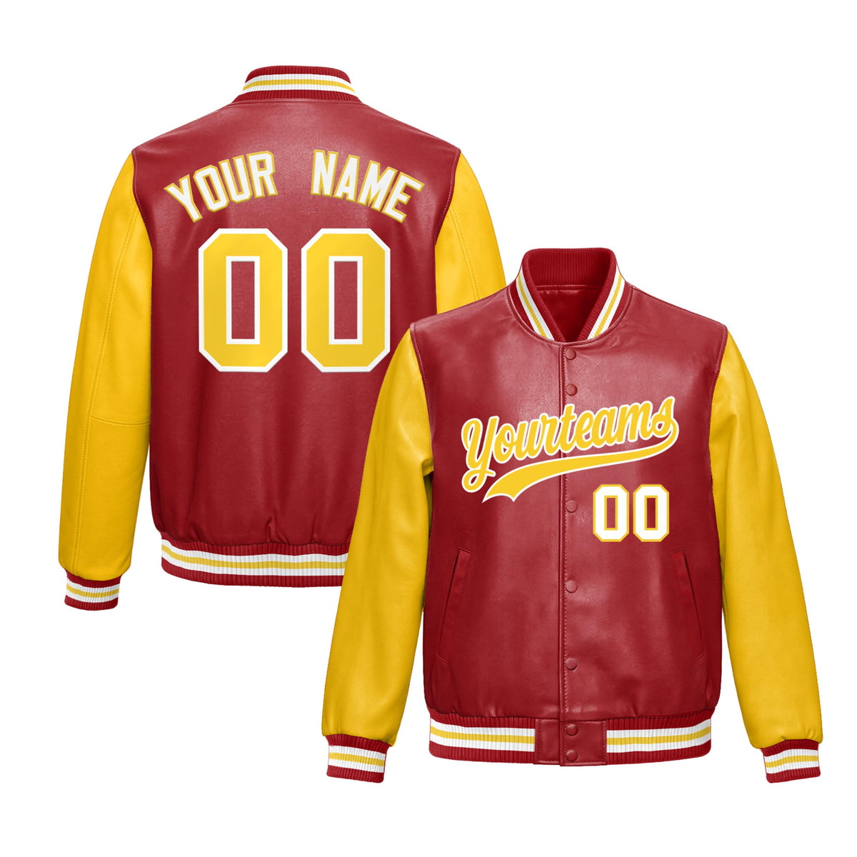 Custom Red Yellow Raglan Sleeves Full-Snap Varsity Faux Leather Letterman Jacket| KXKSHOP