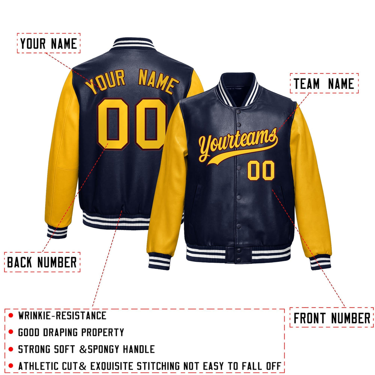 Custom Navy Yellow Raglan Sleeves Full-Snap Varsity Faux Leather Letterman Jacket| KXKSHOP
