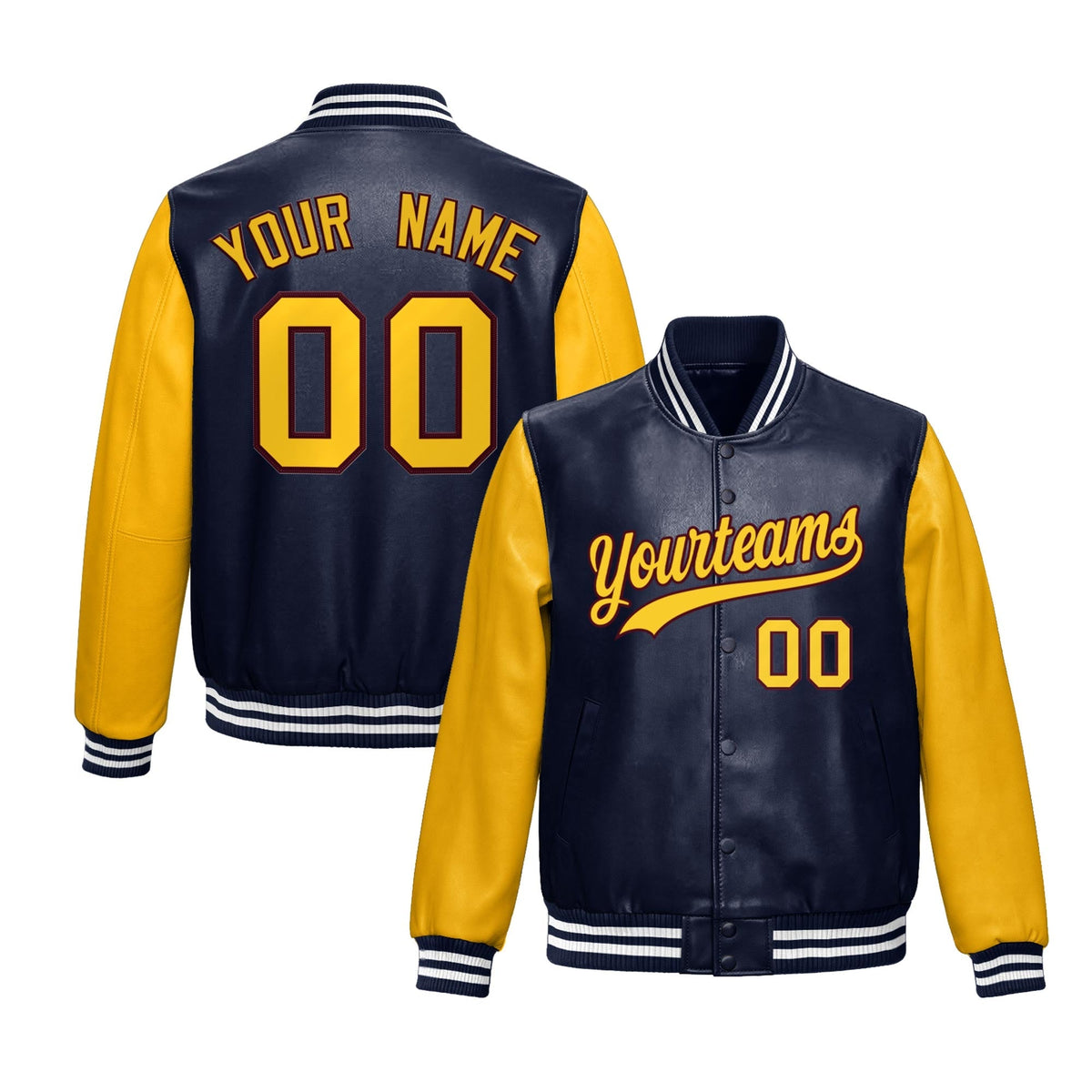 Custom Navy Yellow Raglan Sleeves Full-Snap Varsity Faux Leather Letterman Jacket| KXKSHOP