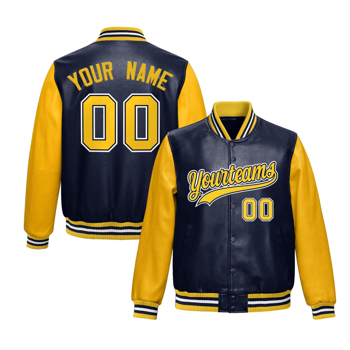 Custom Navy Yellow White Raglan Sleeves Full-Snap Varsity Faux Leather Letterman Jacket| KXKSHOP