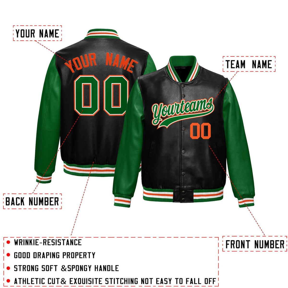 Custom Black Kelly Green Raglan Sleeves Full-Snap Varsity Faux Leather Letterman Jacket| KXKSHOP