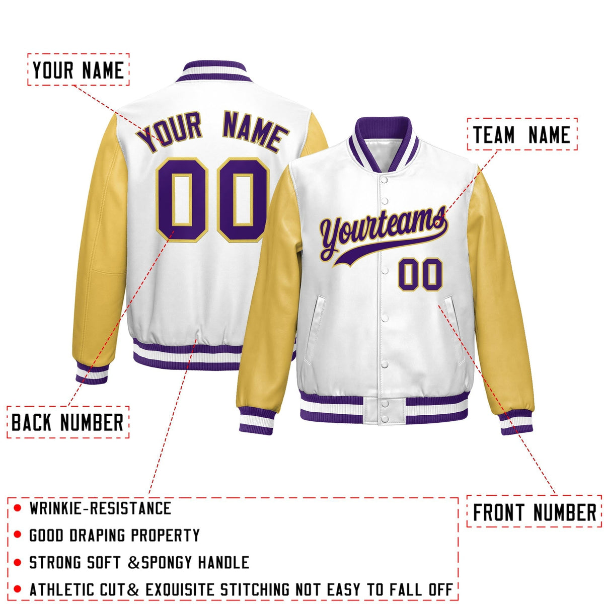 Custom White Khaki Raglan Sleeves Full-Snap Varsity Faux Leather Letterman Jacket| KXKSHOP