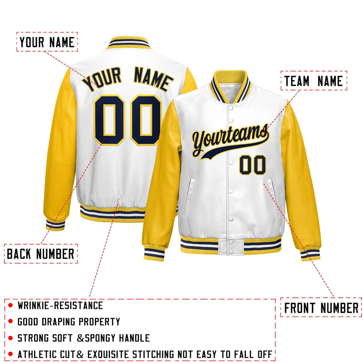 Custom White Yellow Navy Raglan Sleeves Full-Snap Varsity Faux Leather Letterman Jacket| KXKSHOP