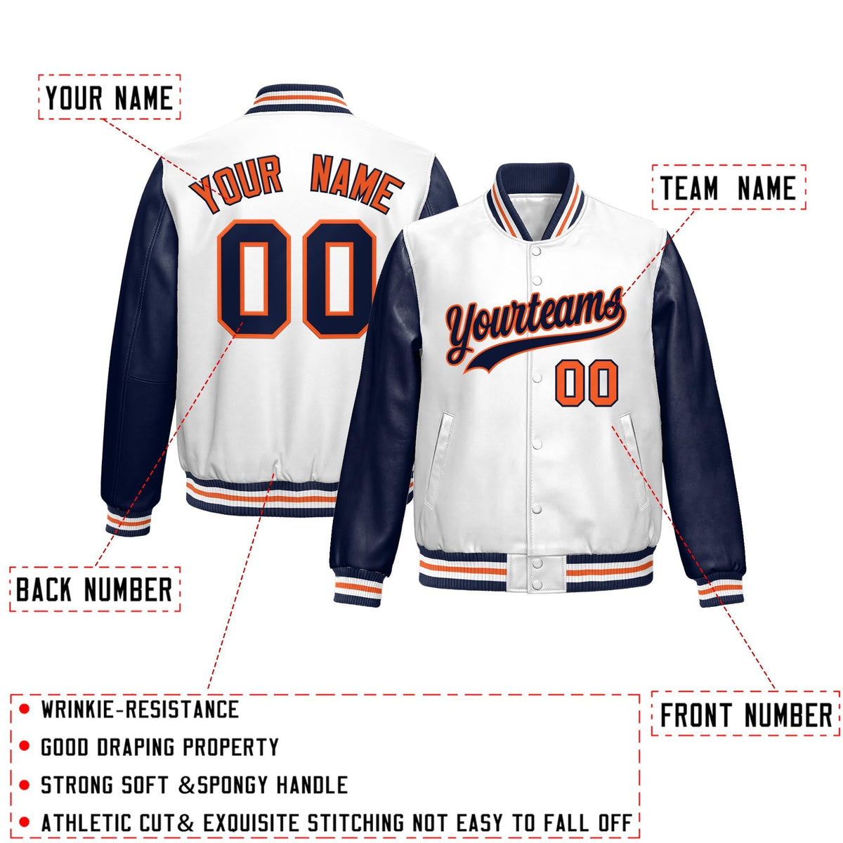 Custom White Navy Raglan Sleeves Full-Snap Varsity Faux Leather Letterman Jacket| KXKSHOP