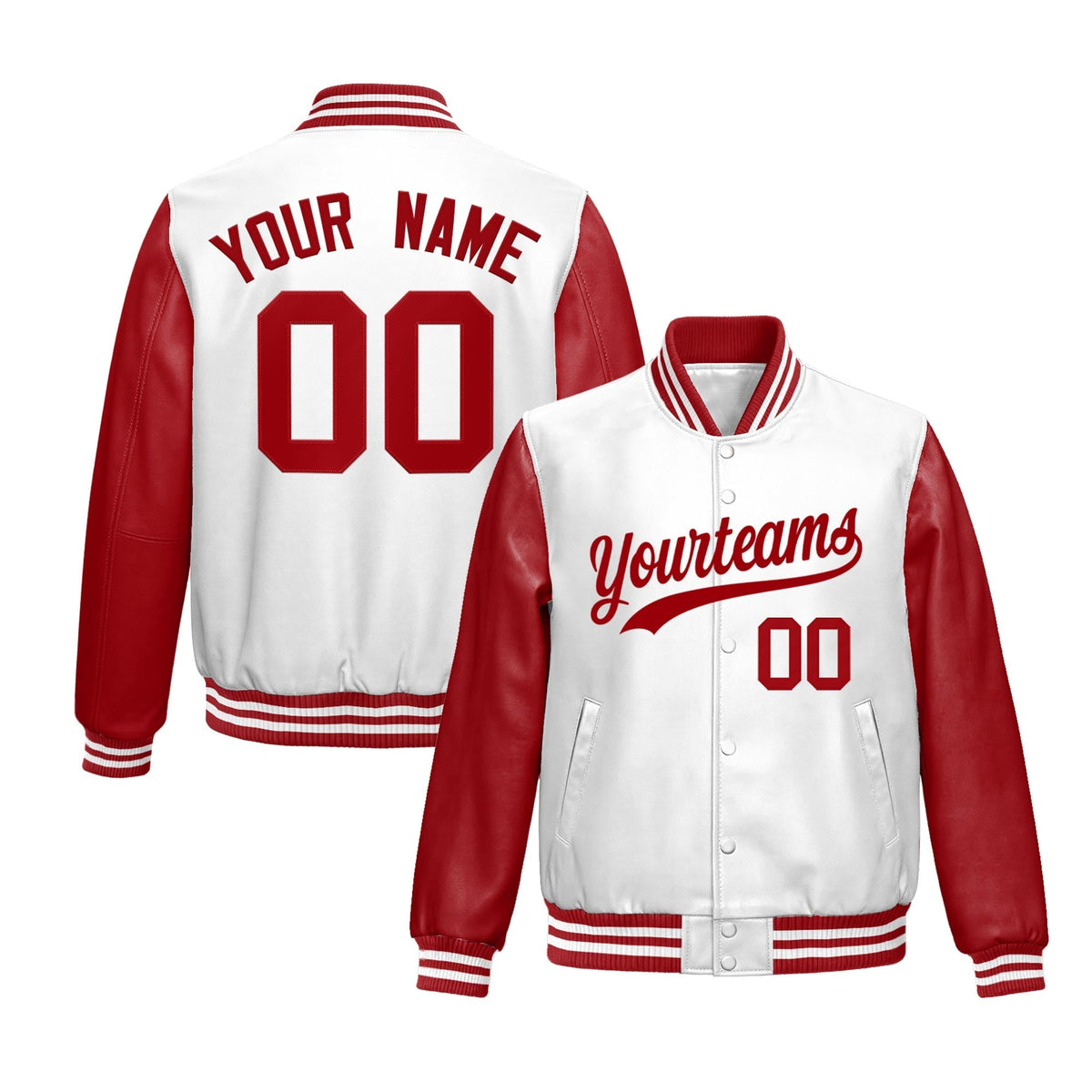 Custom White Red Raglan Sleeves Full-Snap Varsity Faux Leather Letterman Jacket| KXKSHOP