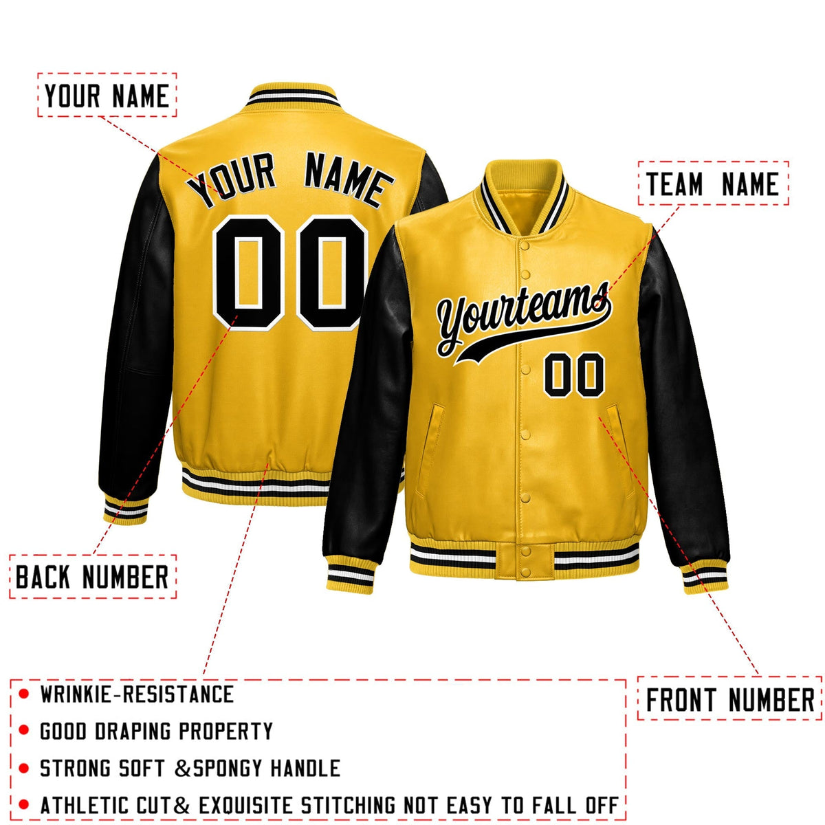 Custom Yellow Black Raglan Sleeves Full-Snap Varsity Faux Leather Letterman Jacket| KXKSHOP