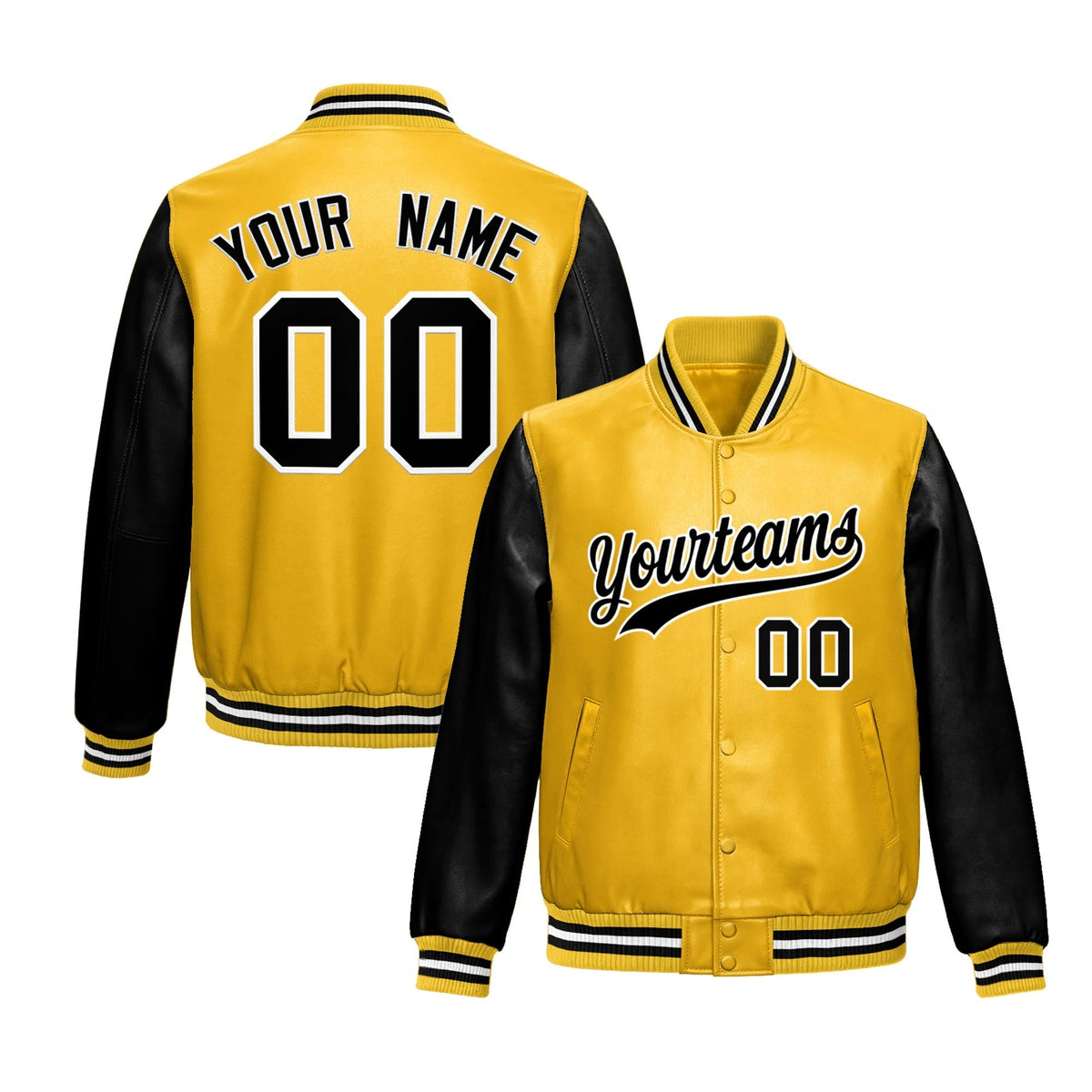 Custom Yellow Black Raglan Sleeves Full-Snap Varsity Faux Leather Letterman Jacket| KXKSHOP
